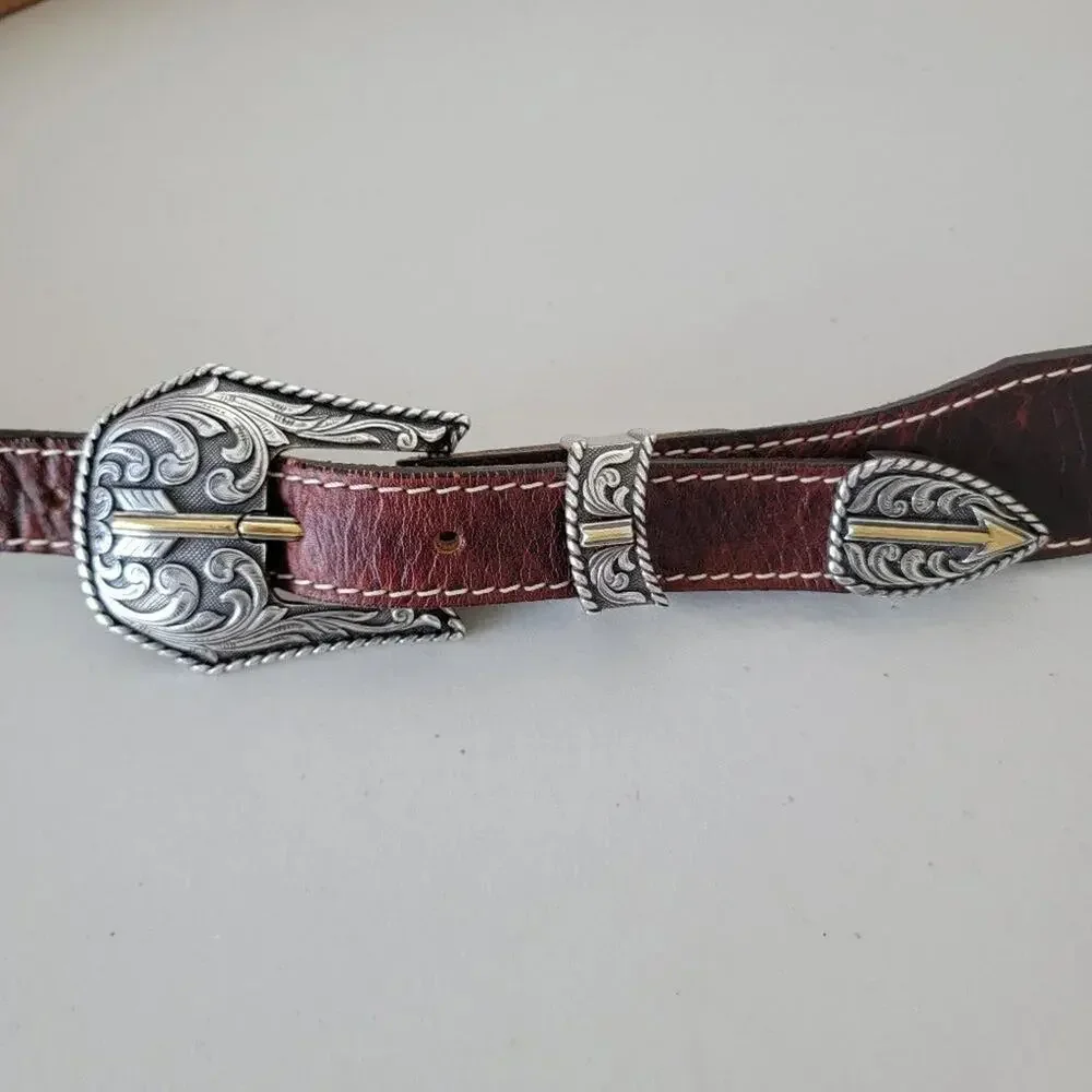 Justin Western Leather Belt Dark Brown Mens 46 Bison Top Grain Arrow Buckle USA